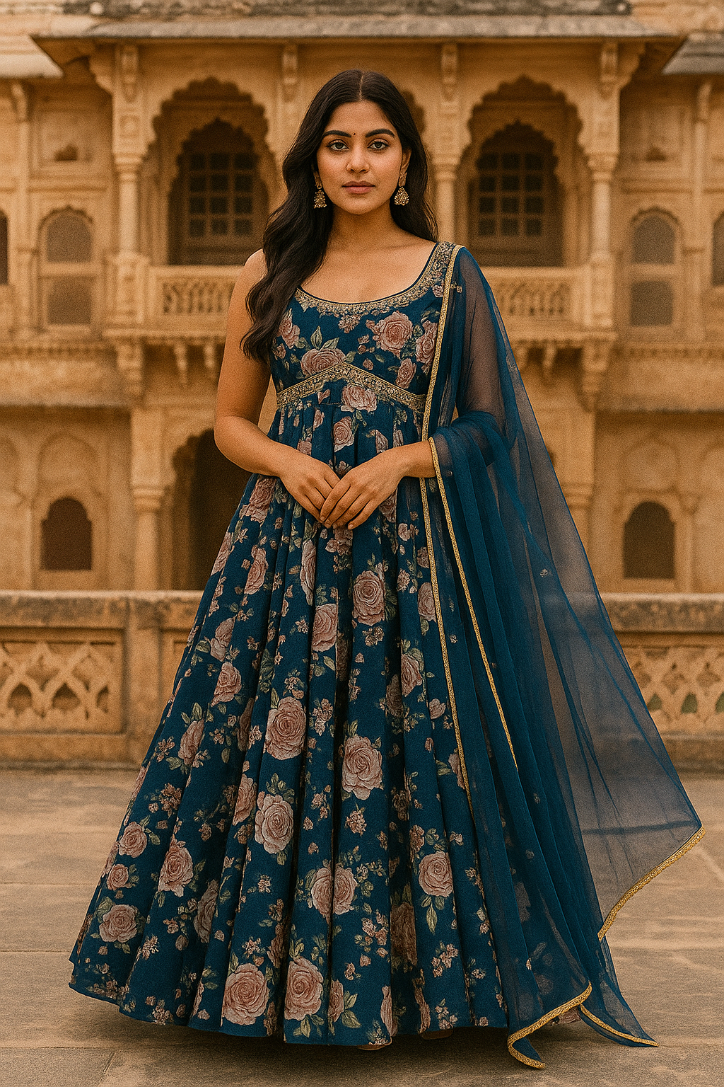 BAHAMA BLUE FLORAL ANARKALI SET