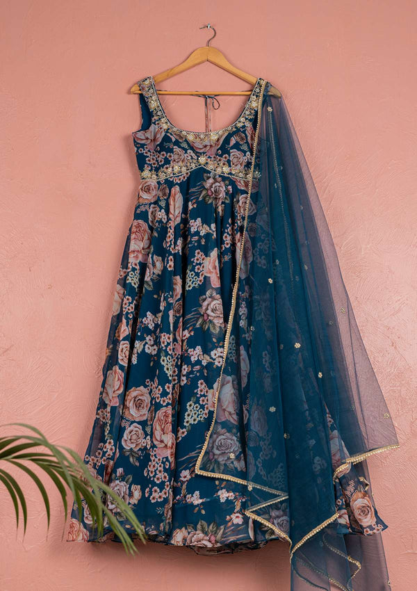 BAHAMA BLUE FLORAL ANARKALI SET