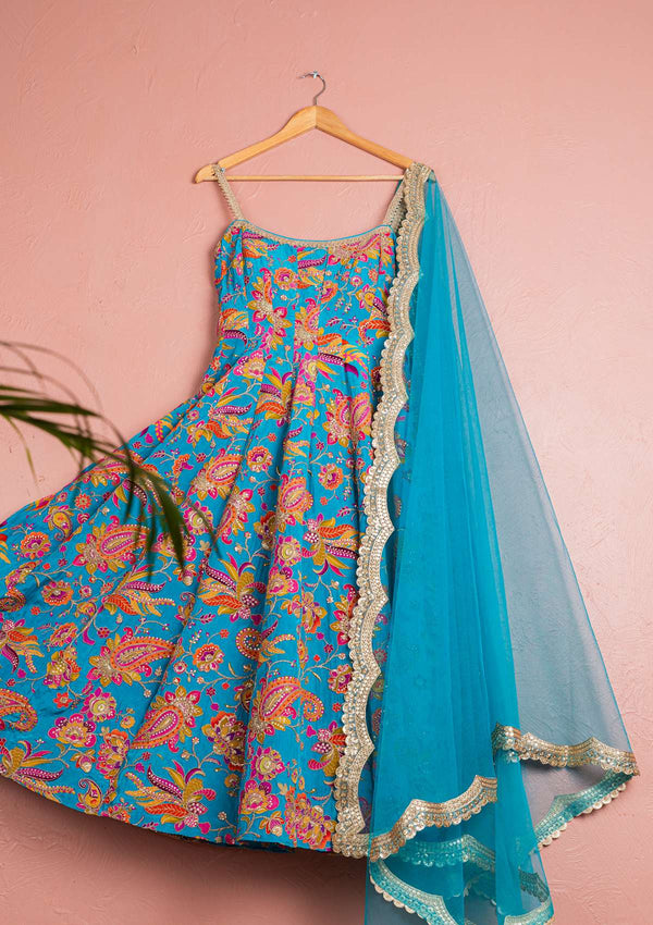 CERULEAN BLUE FLORAL BLOOM ANARKALI SET