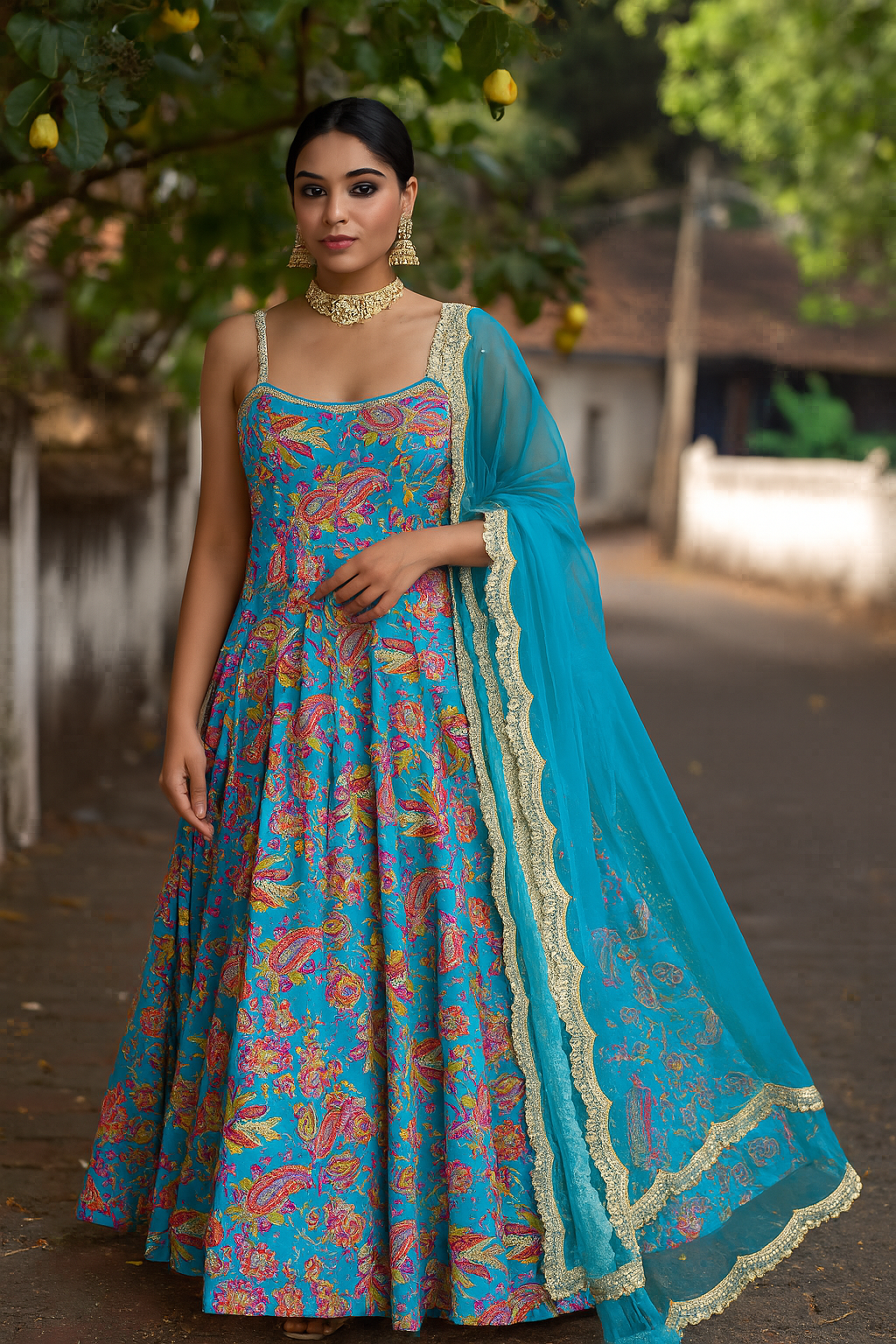 CERULEAN BLUE FLORAL BLOOM ANARKALI SET