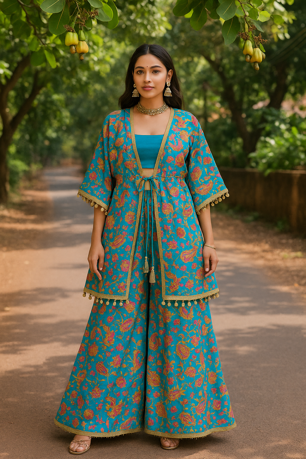 CERULEAN BLUE FLORAL BLOOM CAPE PALLAZO SET