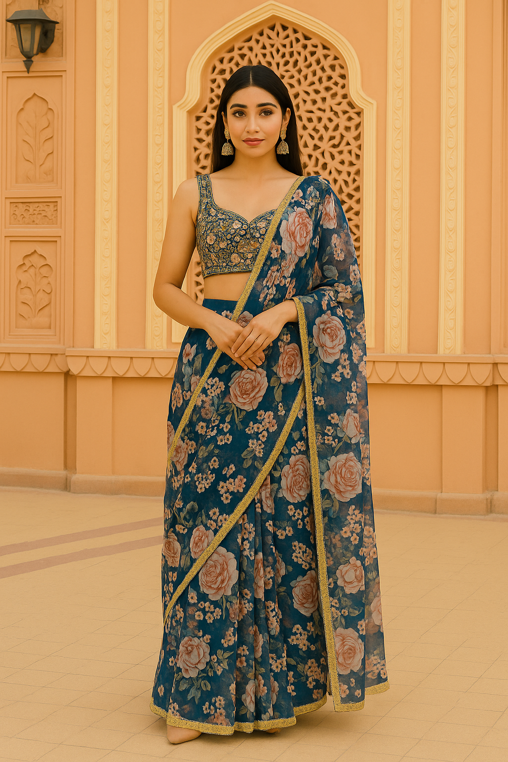 BAHAMA BLUE FLORAL SAREE WITH EMBROIDERED BLOUSE