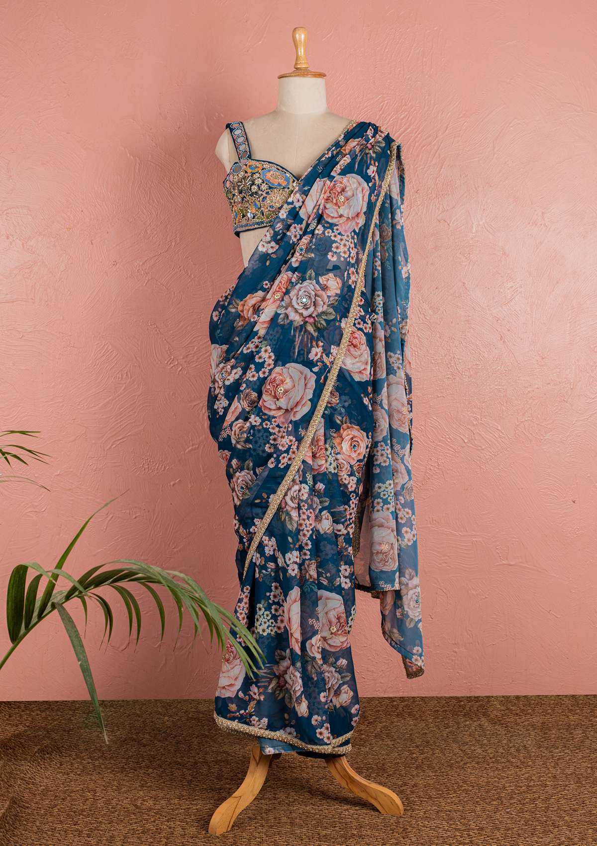 BAHAMA BLUE FLORAL SAREE WITH EMBROIDERED BLOUSE