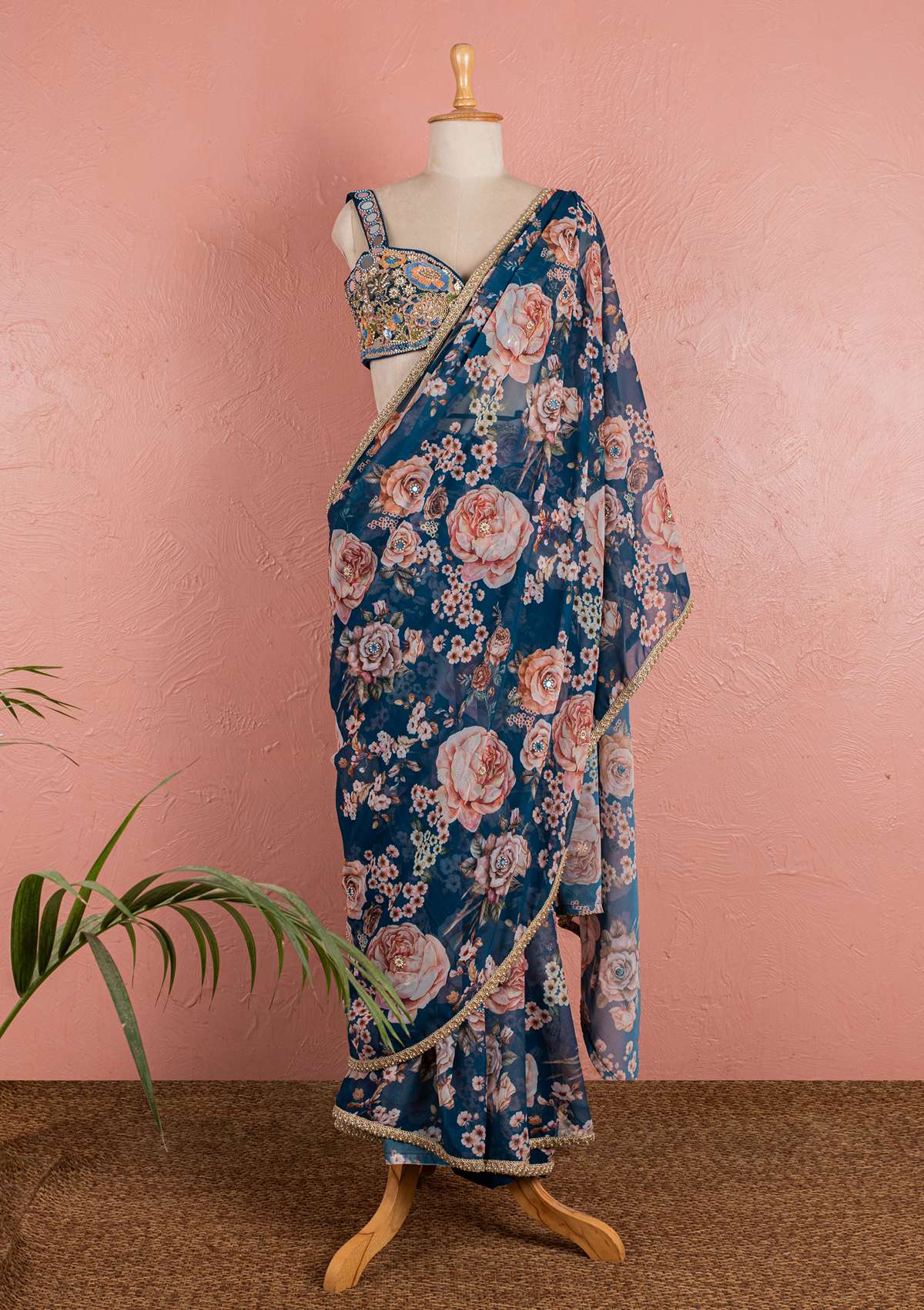 BAHAMA BLUE FLORAL SAREE WITH EMBROIDERED BLOUSE