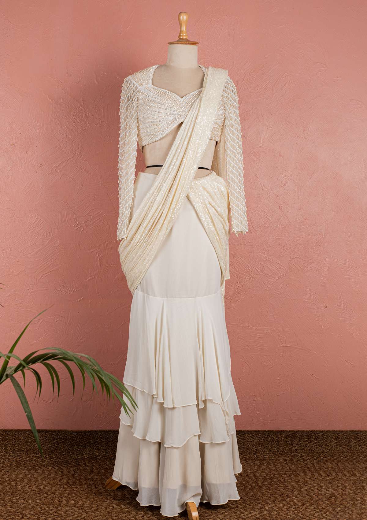 OFFWHITE PEARL STITCHED SAREE
