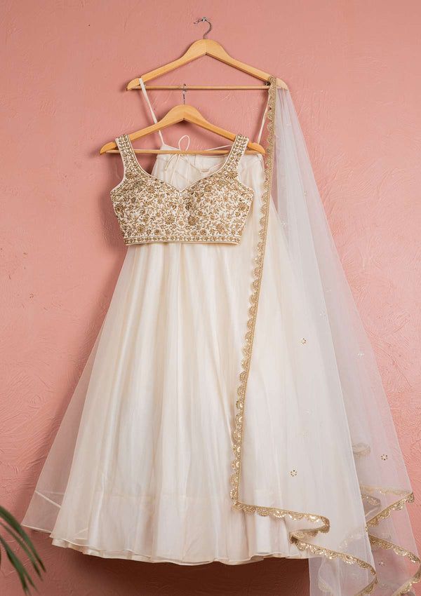 MOONLIGHT & GOLD EMBROIDERED BLOUSE & ORGANZA LEHENGA SET