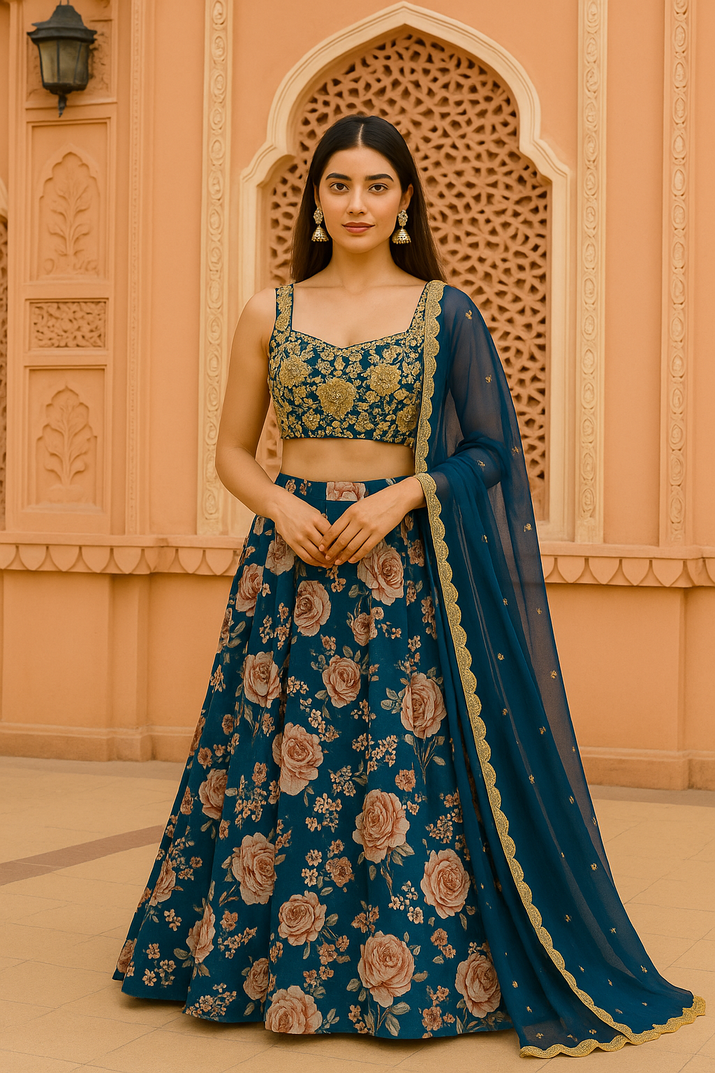 BAHAMA BLUE FLORAL GEORGETTE LEHENGA WITH FULL EMBROIDERED GOLD BLOUSE SET