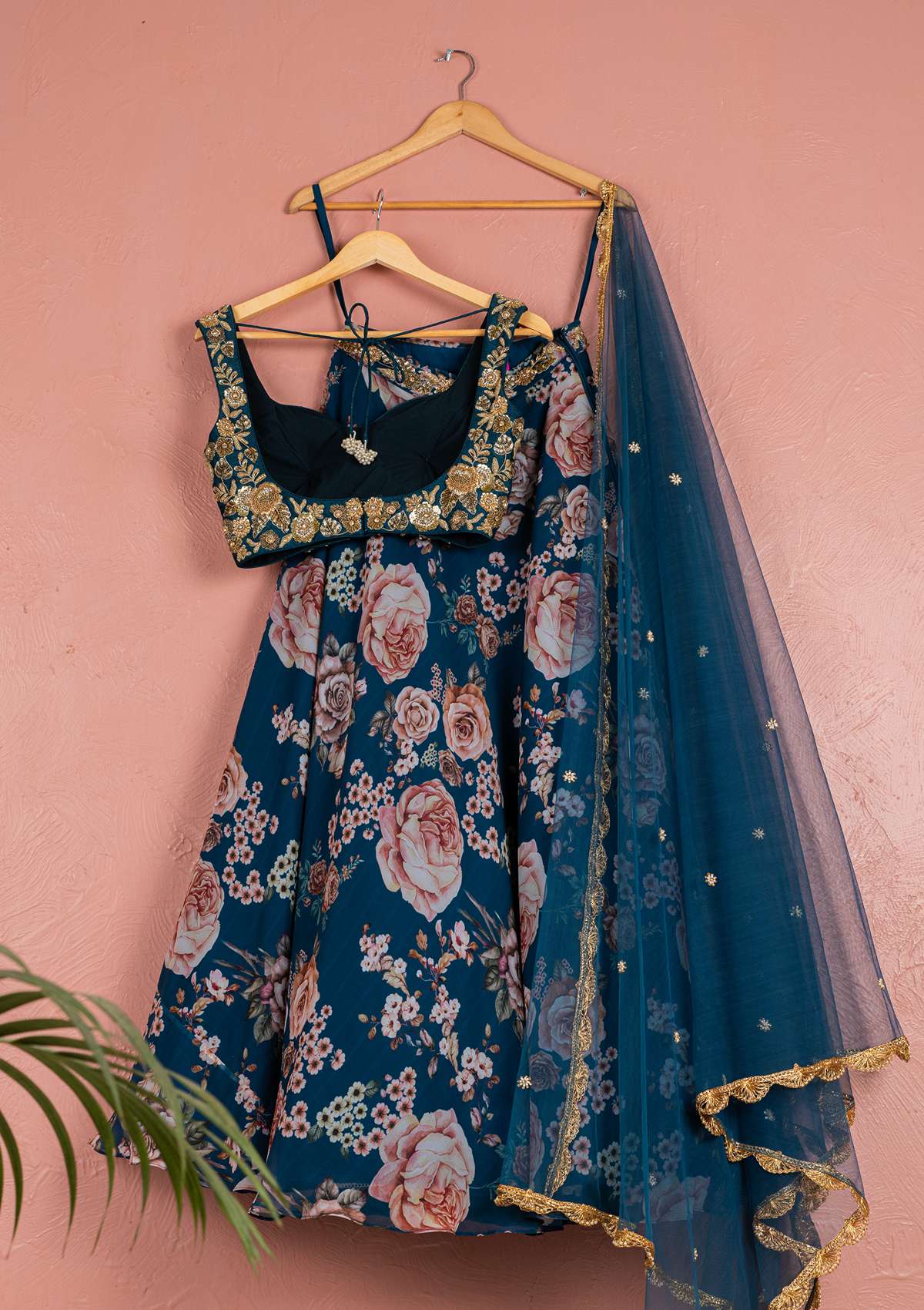 BAHAMA BLUE FLORAL GEORGETTE LEHENGA WITH FULL EMBROIDERED GOLD BLOUSE SET