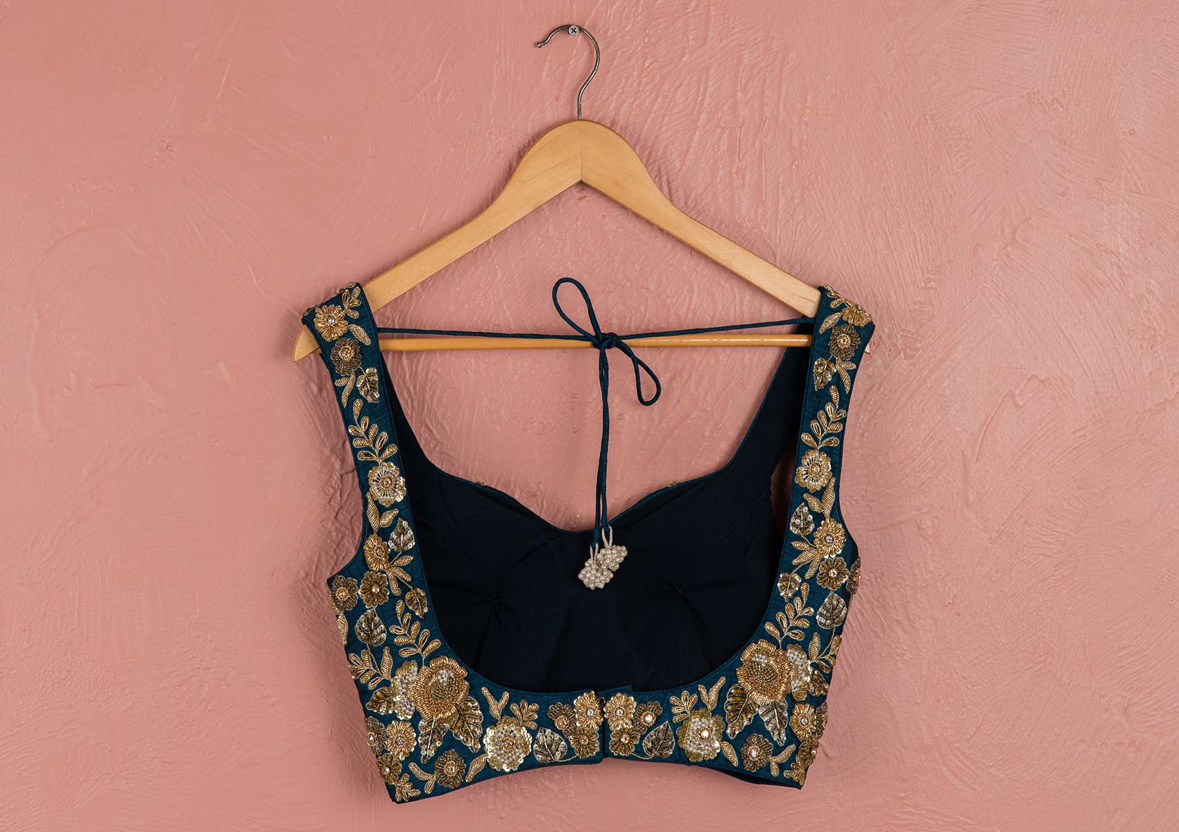 BAHAMA BLUE FLORAL GEORGETTE LEHENGA WITH FULL EMBROIDERED GOLD BLOUSE SET