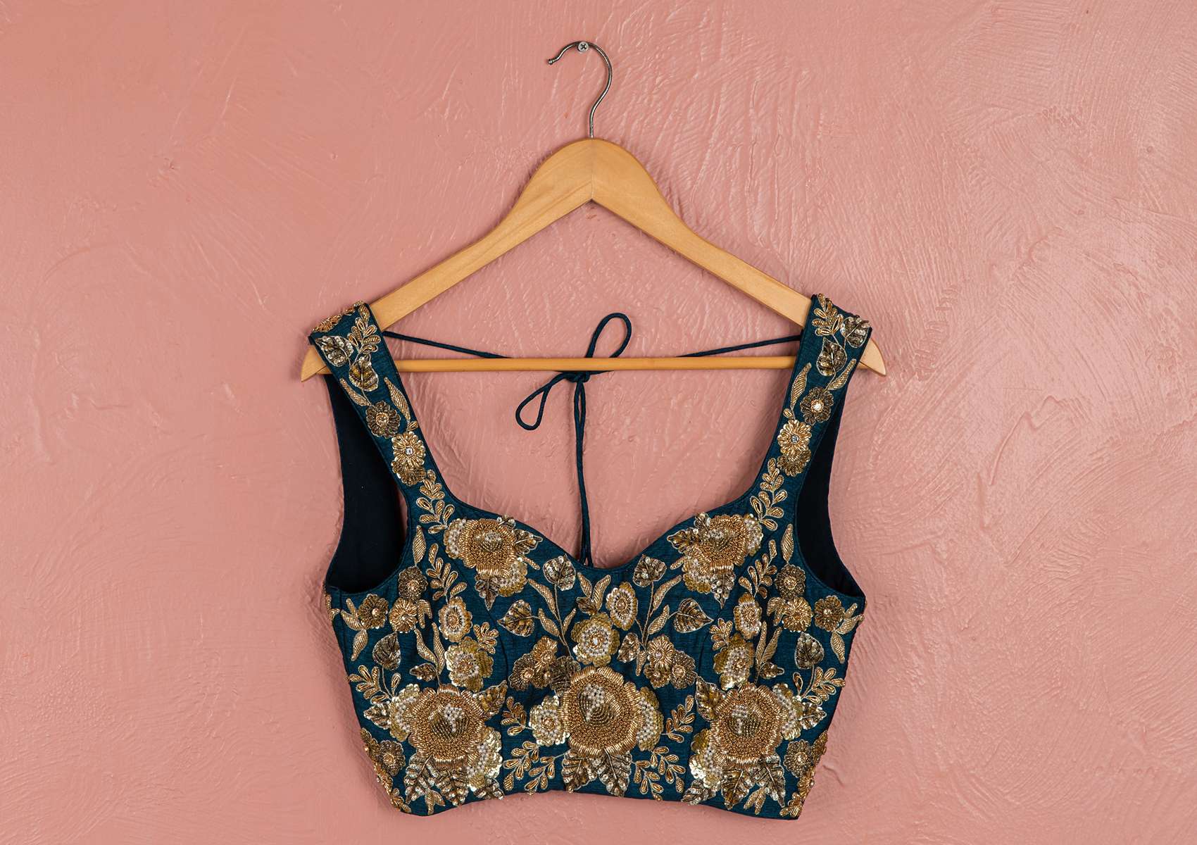 BAHAMA BLUE FLORAL GEORGETTE LEHENGA WITH FULL EMBROIDERED GOLD BLOUSE SET