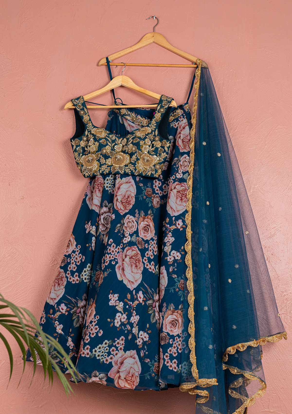 BAHAMA BLUE FLORAL GEORGETTE LEHENGA WITH FULL EMBROIDERED GOLD BLOUSE SET