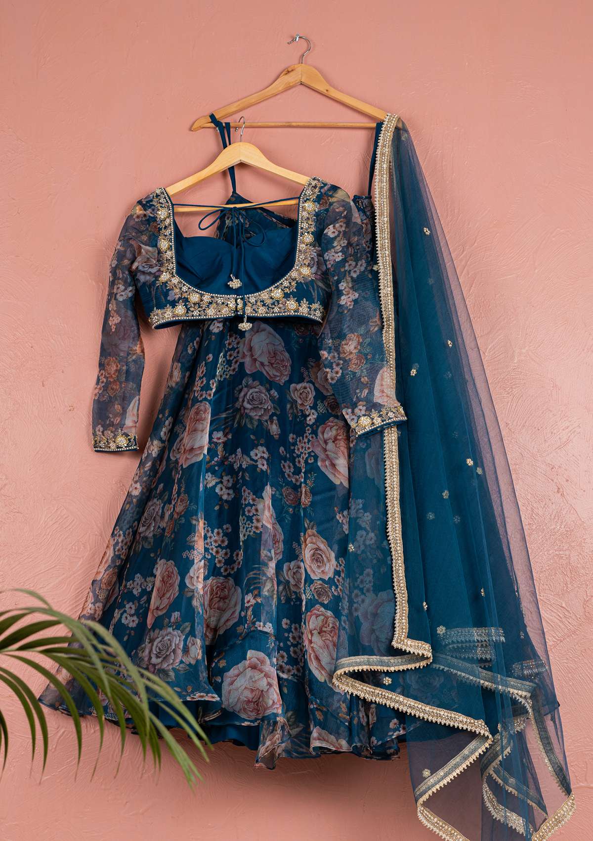 BAHAMA BLUE FLORAL ORGANZA LEHENGA WITH ORGANZA BLOUSE SET