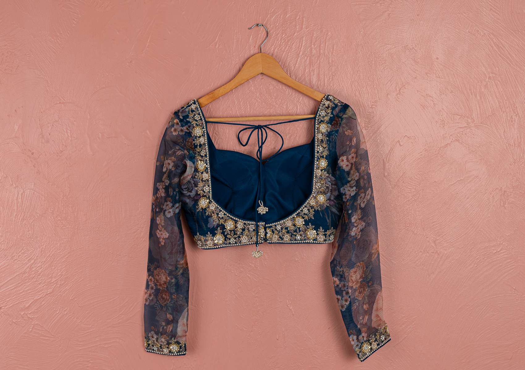 BAHAMA BLUE FLORAL ORGANZA LEHENGA WITH ORGANZA BLOUSE SET