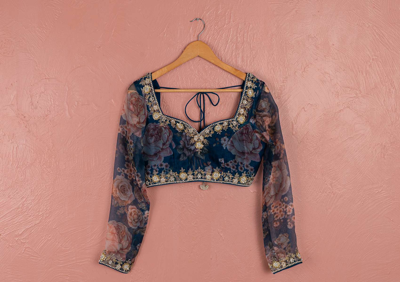 BAHAMA BLUE FLORAL ORGANZA LEHENGA WITH ORGANZA BLOUSE SET