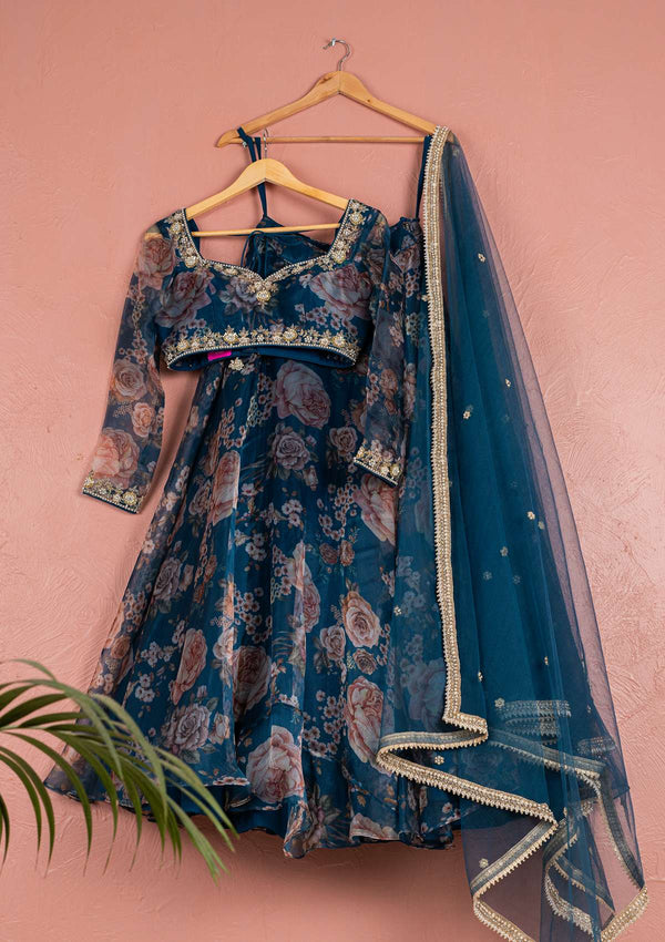 BAHAMA BLUE FLORAL ORGANZA LEHENGA WITH ORGANZA BLOUSE SET