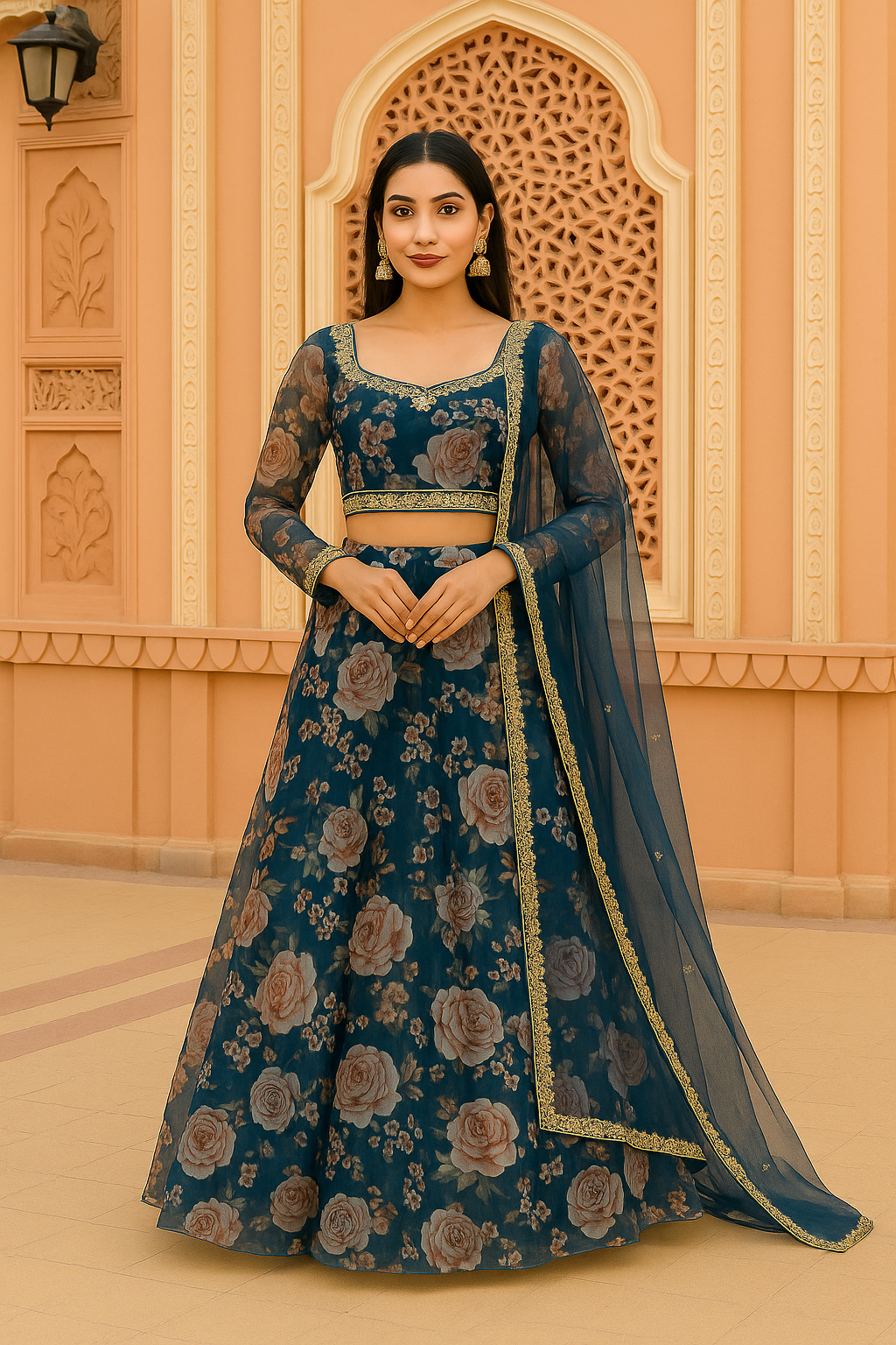 BAHAMA BLUE FLORAL ORGANZA LEHENGA WITH ORGANZA BLOUSE SET