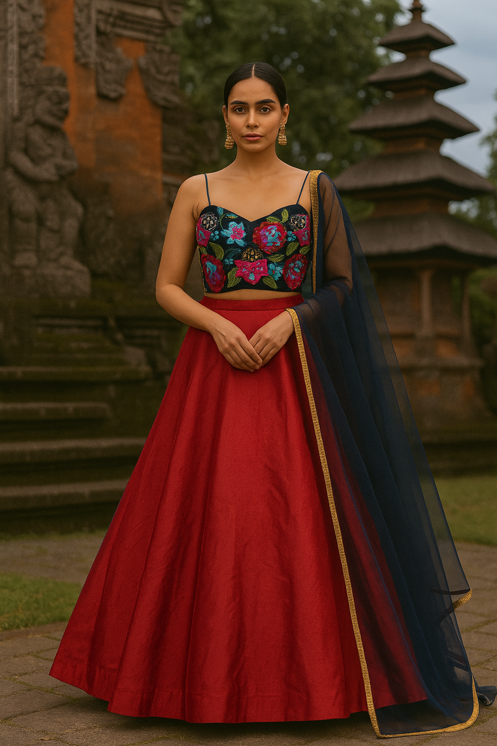 MAROON LEHENGA WITH COLORFUL EMBROIDERED BLOUSE & DUPATTA