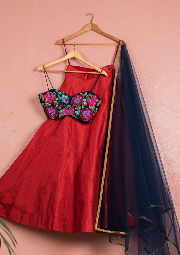 MAROON LEHENGA WITH COLORFUL EMBROIDERED BLOUSE & DUPATTA