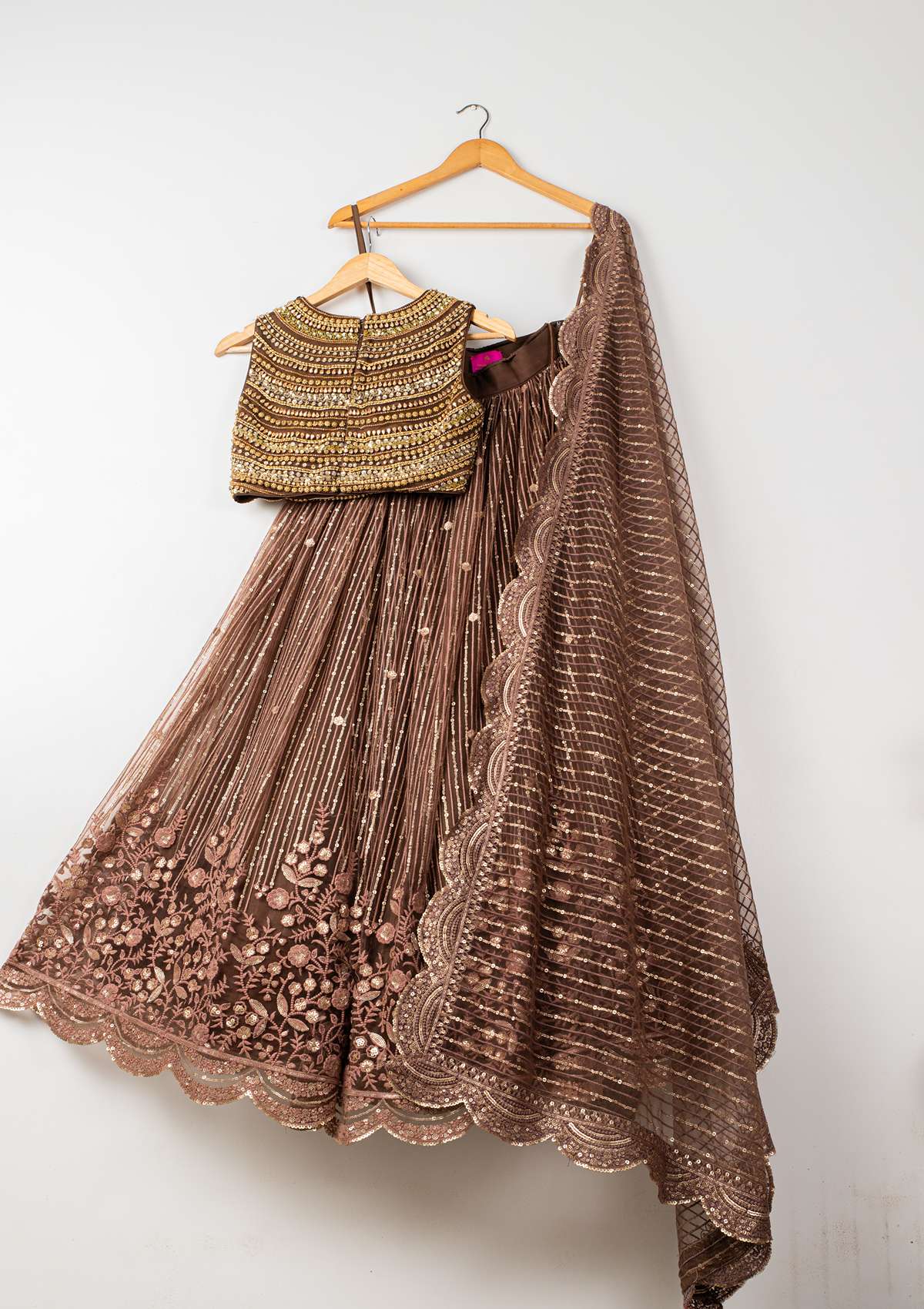 MOCHA EMBROIDERED GOLD LEHENGA SET