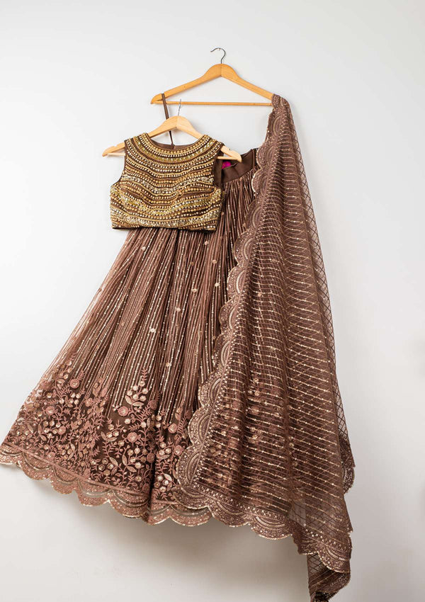 MOCHA EMBROIDERED GOLD LEHENGA SET
