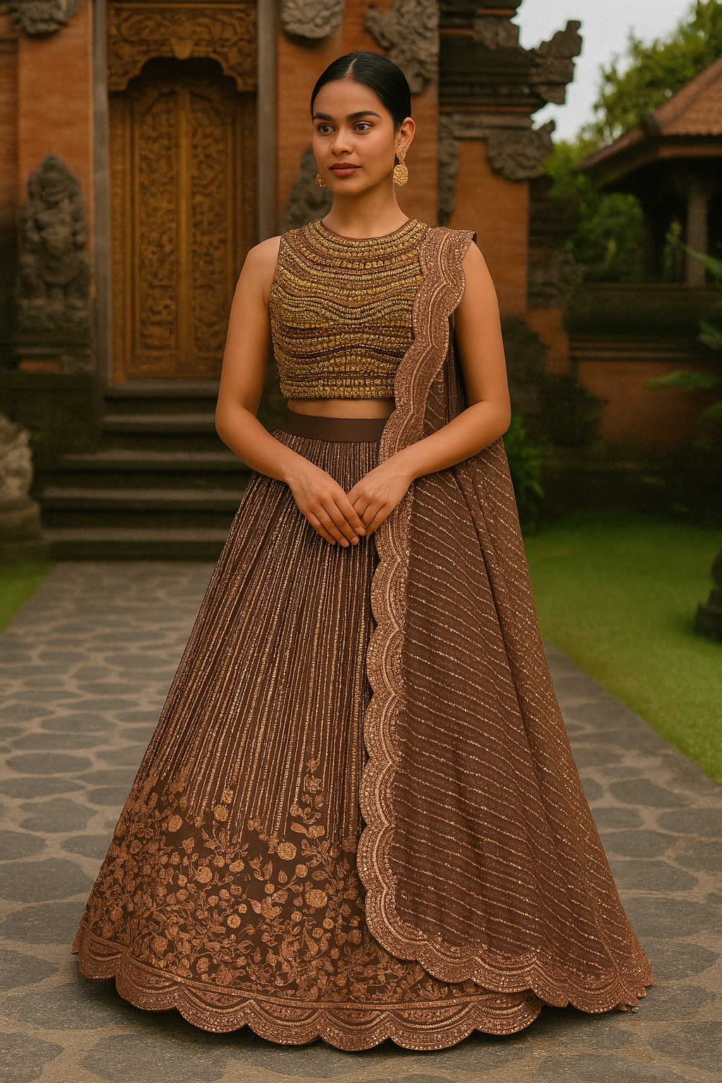 MOCHA EMBROIDERED GOLD LEHENGA SET