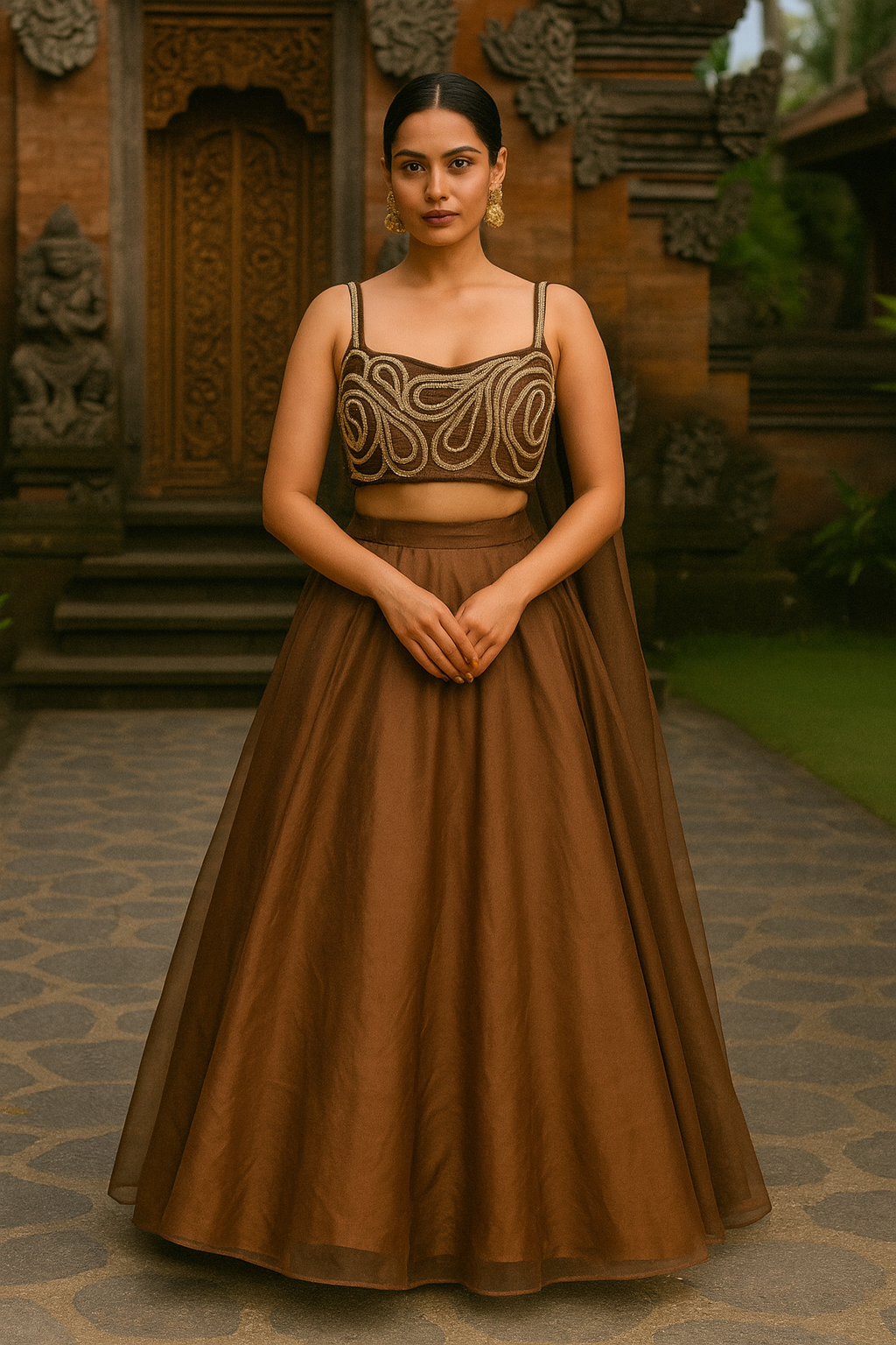 BROWN LEHENGA WITH CORDED  BLOUSE & ORGANZA DUPATTA