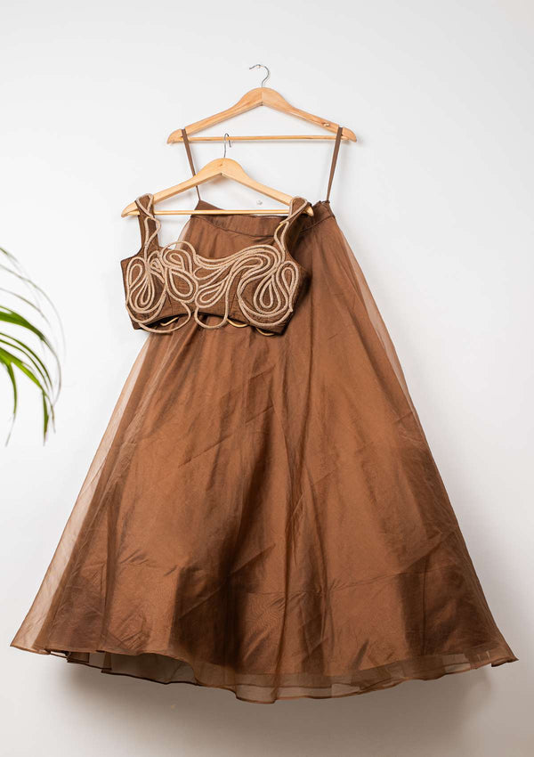 BROWN LEHENGA WITH CORDED  BLOUSE & ORGANZA DUPATTA