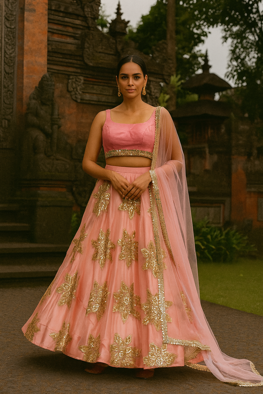 PEACH LEHENGA BIG FLOWER MOTIF SET