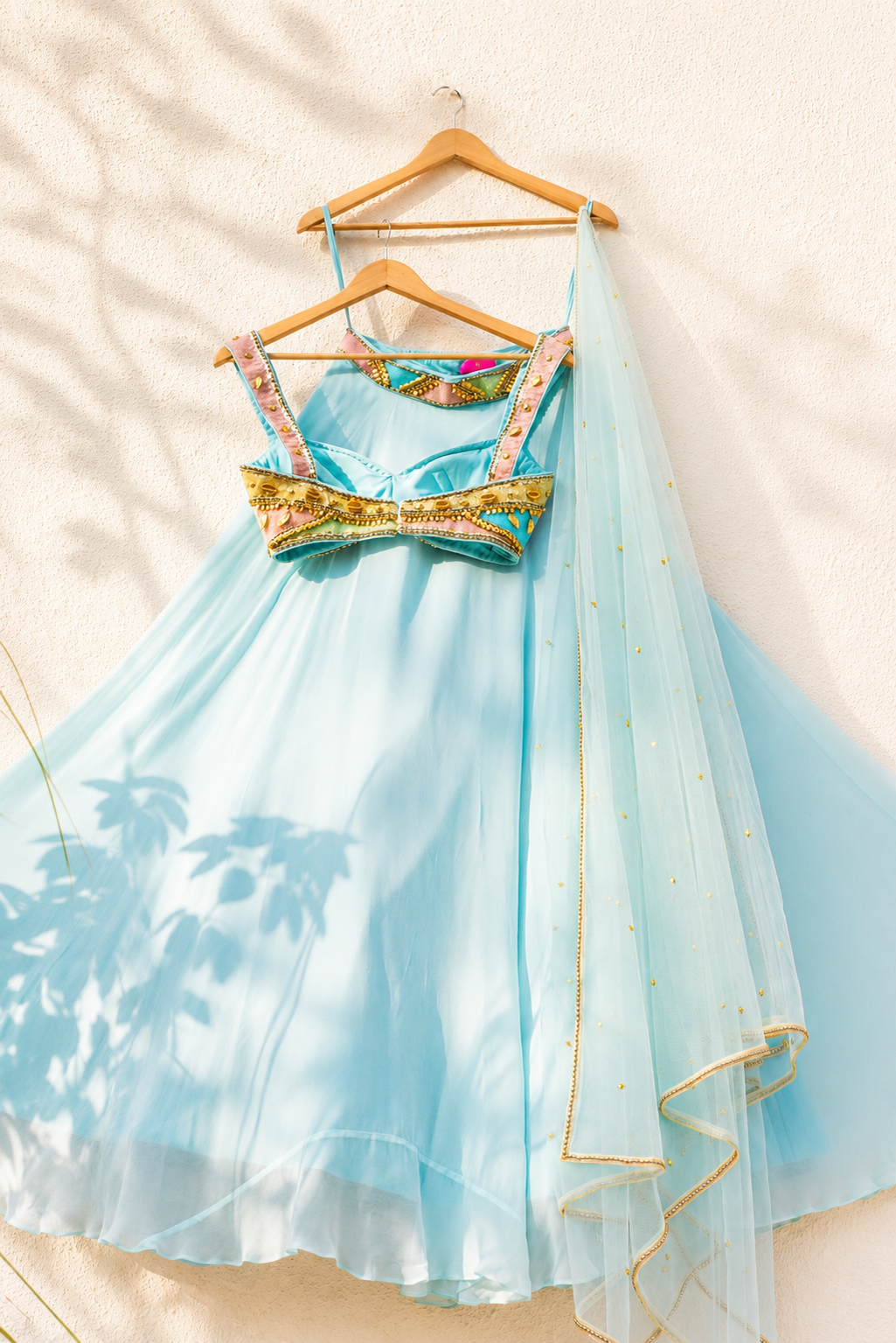 SKY BLUE LEHENGA WITH MULTICOLOUR CUTDANA BLOUSE