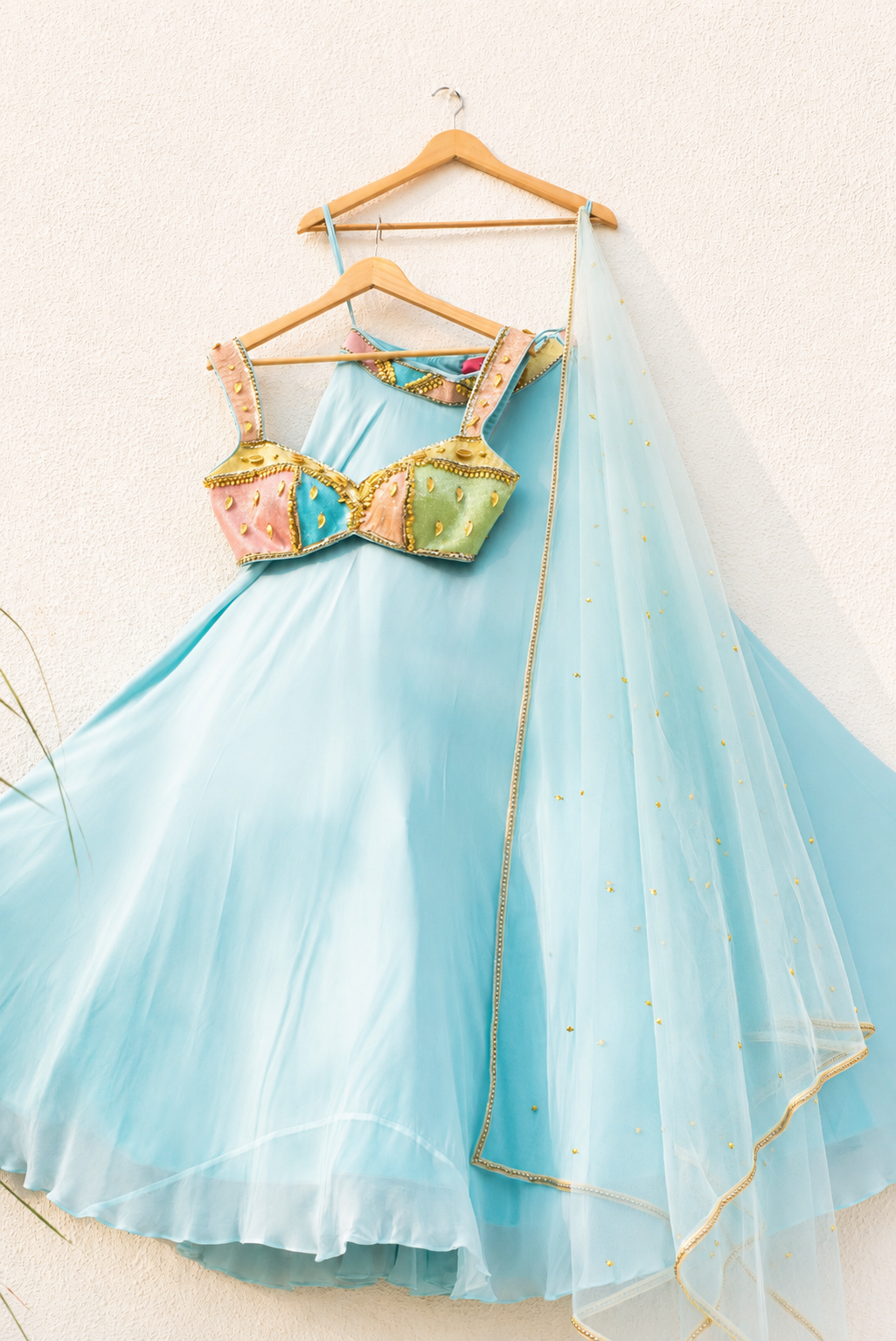 SKY BLUE LEHENGA WITH MULTICOLOUR CUTDANA BLOUSE