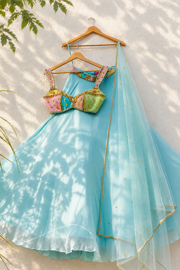 SKY BLUE LEHENGA WITH MULTICOLOUR CUTDANA BLOUSE