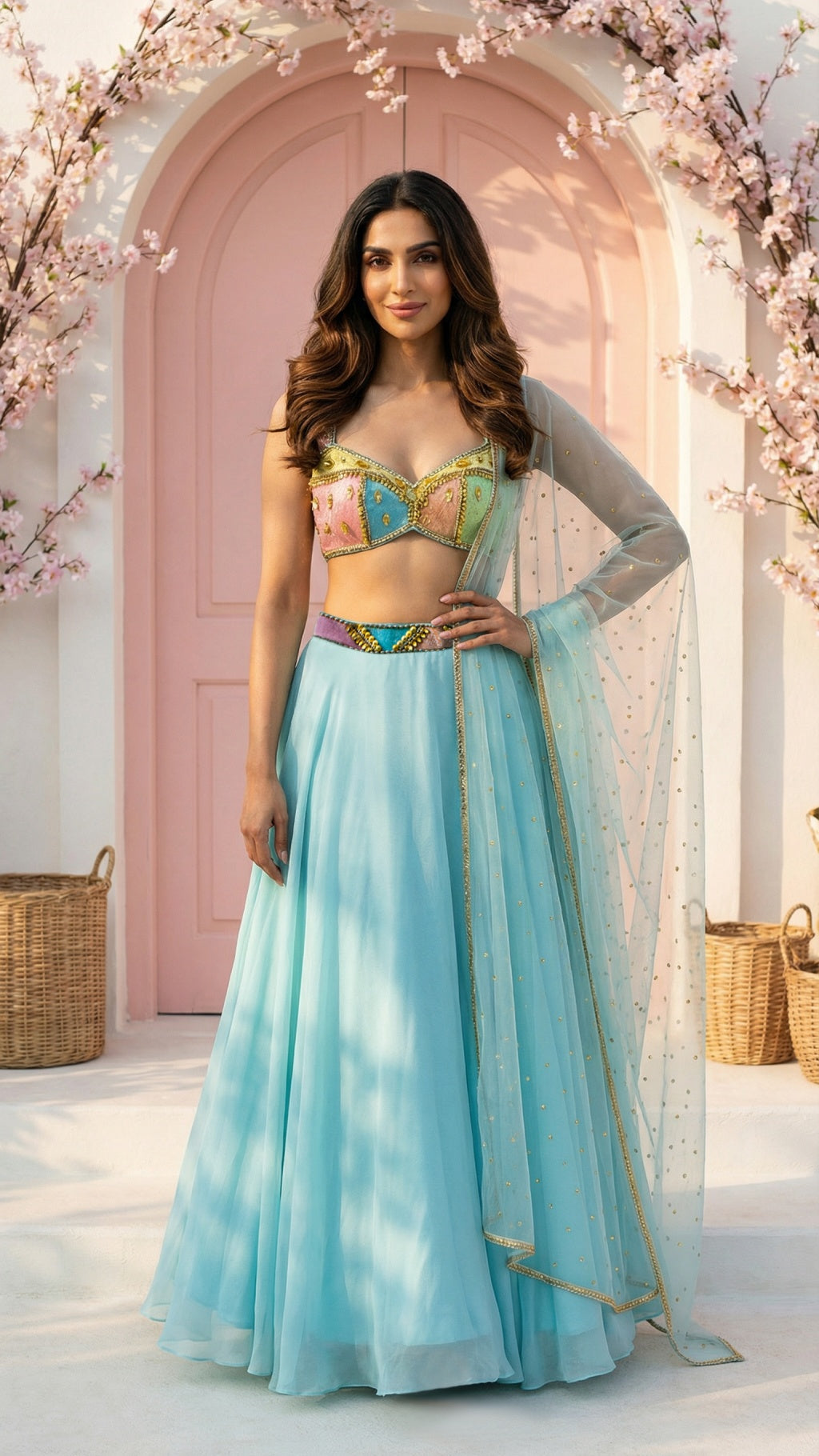 SKY BLUE LEHENGA WITH MULTICOLOUR CUTDANA BLOUSE
