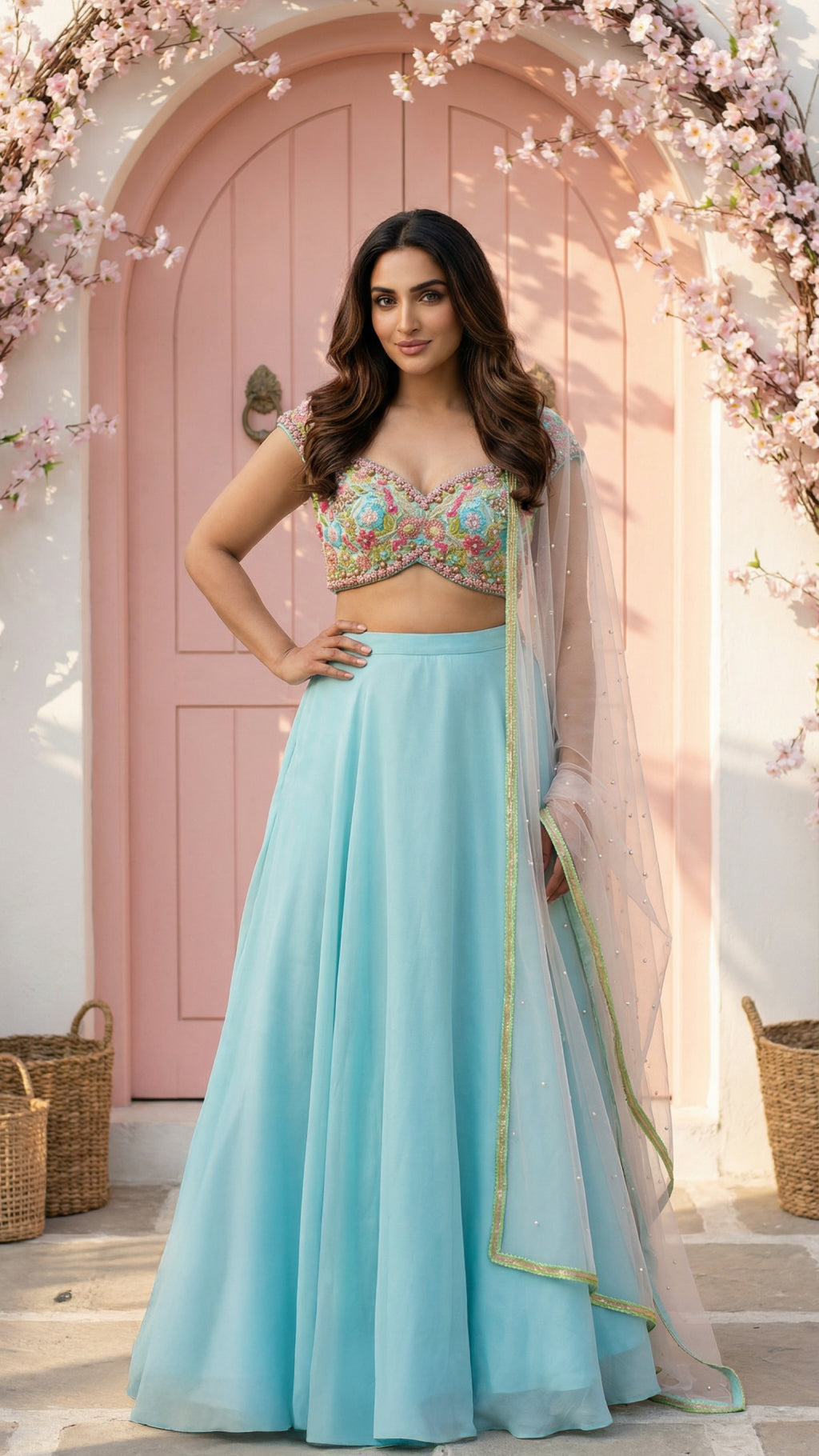 SKY BLUE GOERGETTE LEHENGA WITH COLORED EMB BLOUSE AND PINK DUPATTA
