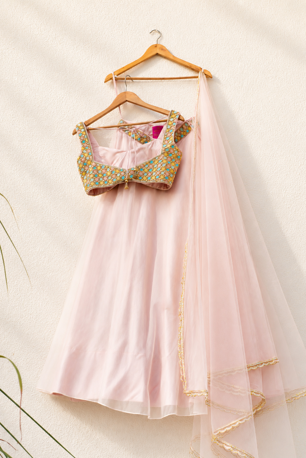 SALMON PINK ORGANZA LEHENGA WITH MULTICOLOUR EMB BLOUSE