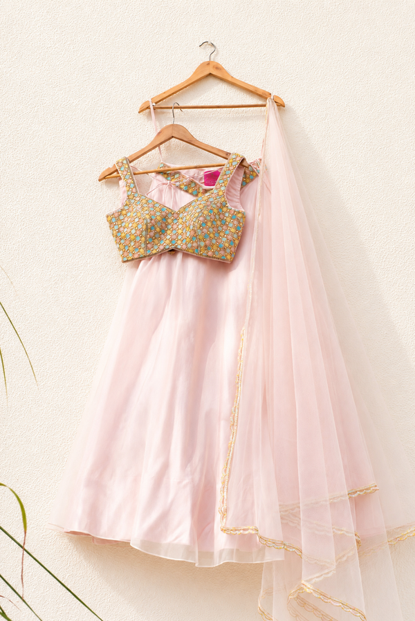 SALMON PINK ORGANZA LEHENGA WITH MULTICOLOUR EMB BLOUSE