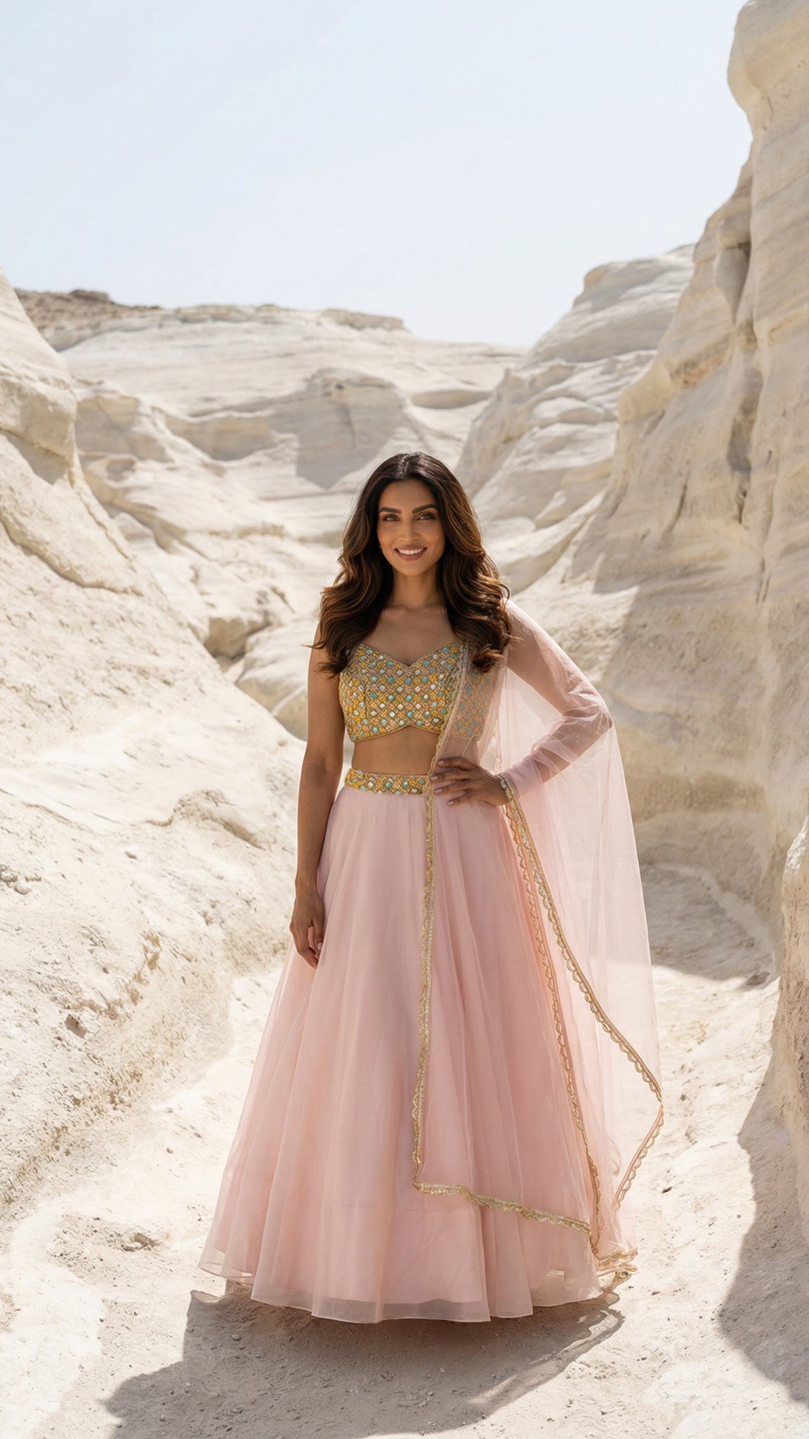 SALMON PINK ORGANZA LEHENGA WITH MULTICOLOUR EMB BLOUSE