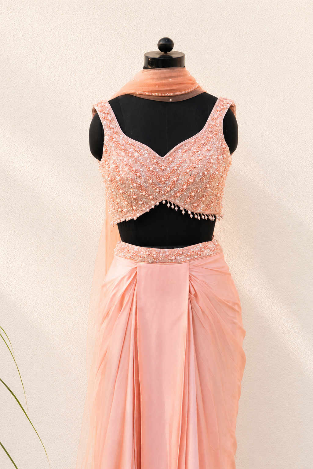 PEACH SEQUIN AND PEARL BLOUSE WITH PLEATED SKIRT AND DUPATTA