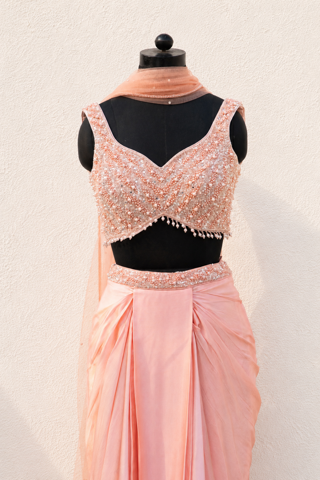 PEACH SEQUIN AND PEARL BLOUSE WITH PLEATED SKIRT AND DUPATTA