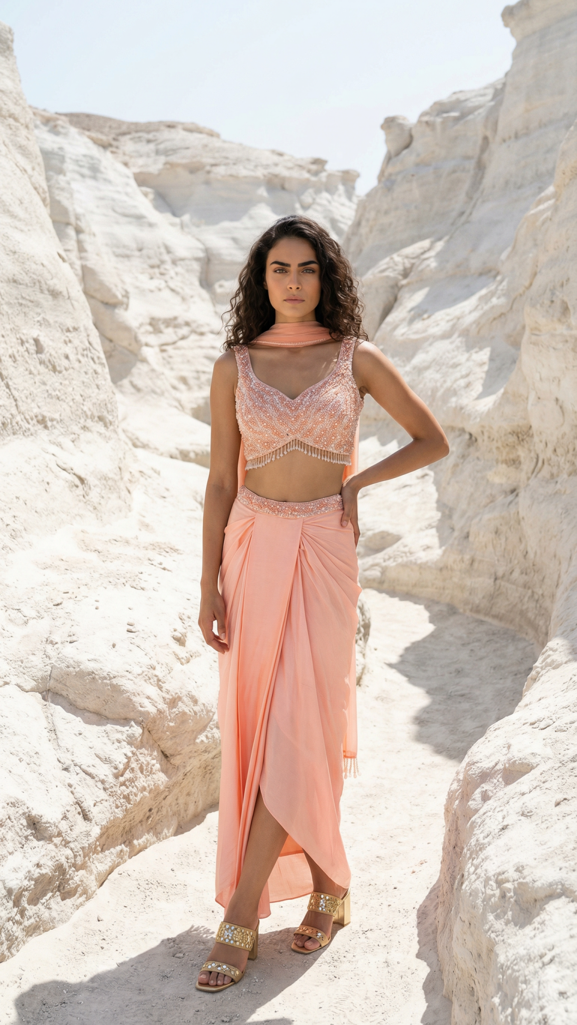 PEACH SEQUIN AND PEARL BLOUSE WITH PLEATED SKIRT AND DUPATTA