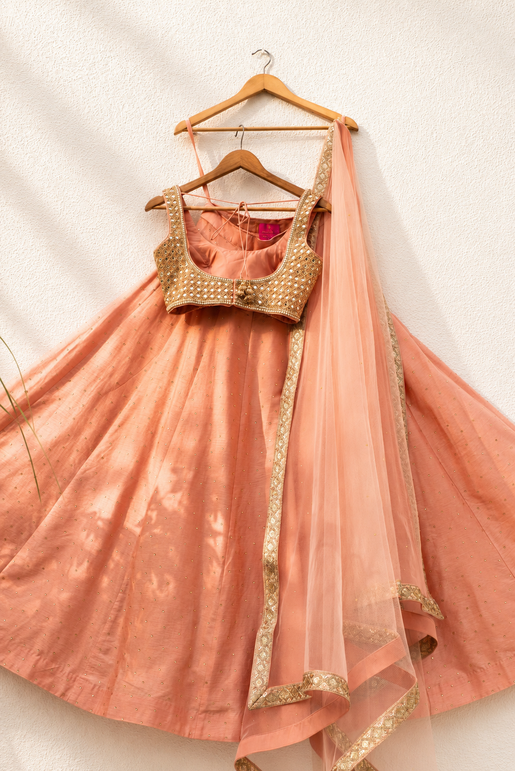PEACH STONEWORK LEHENGA WITH MIRROR BLOUSE
