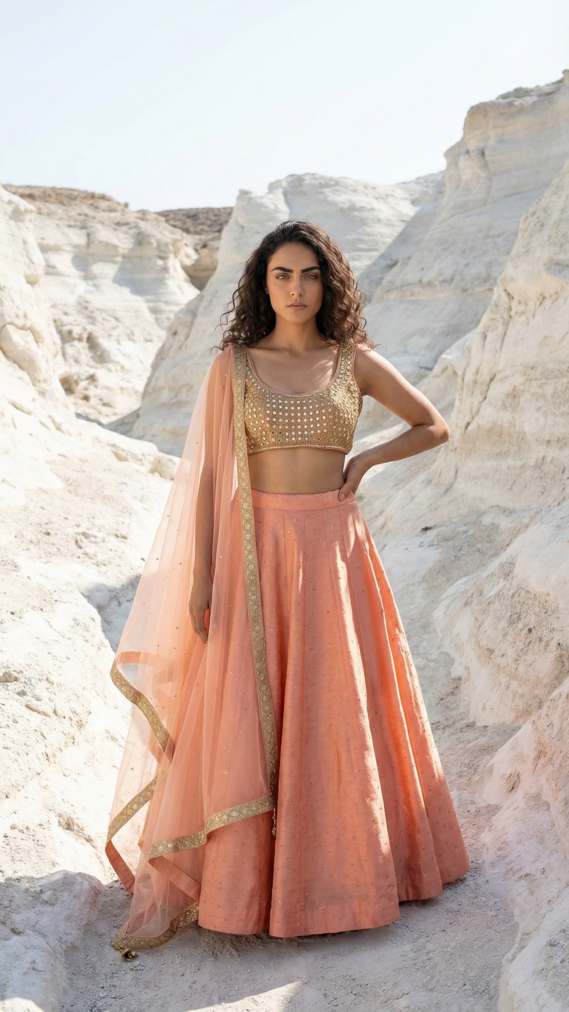 PEACH STONEWORK LEHENGA WITH MIRROR BLOUSE