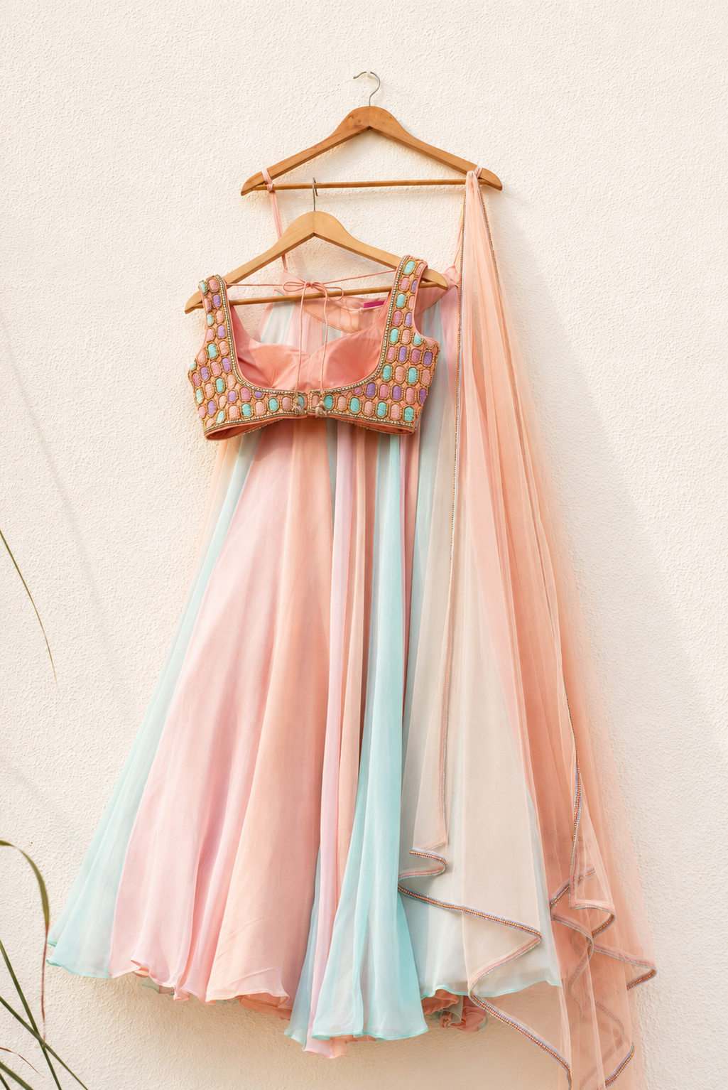 PEACH OVAL MULTICOLOUR CUTDANA BLOUSE WITH MULTICOLOUR LEHENGA SET