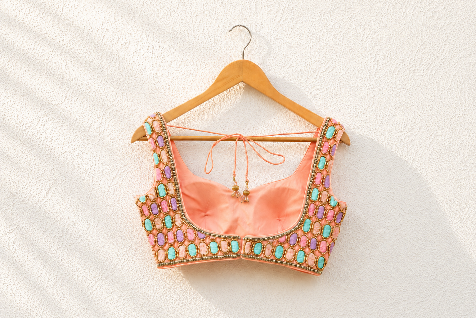 PEACH OVAL MULTICOLOUR CUTDANA BLOUSE WITH MULTICOLOUR LEHENGA SET