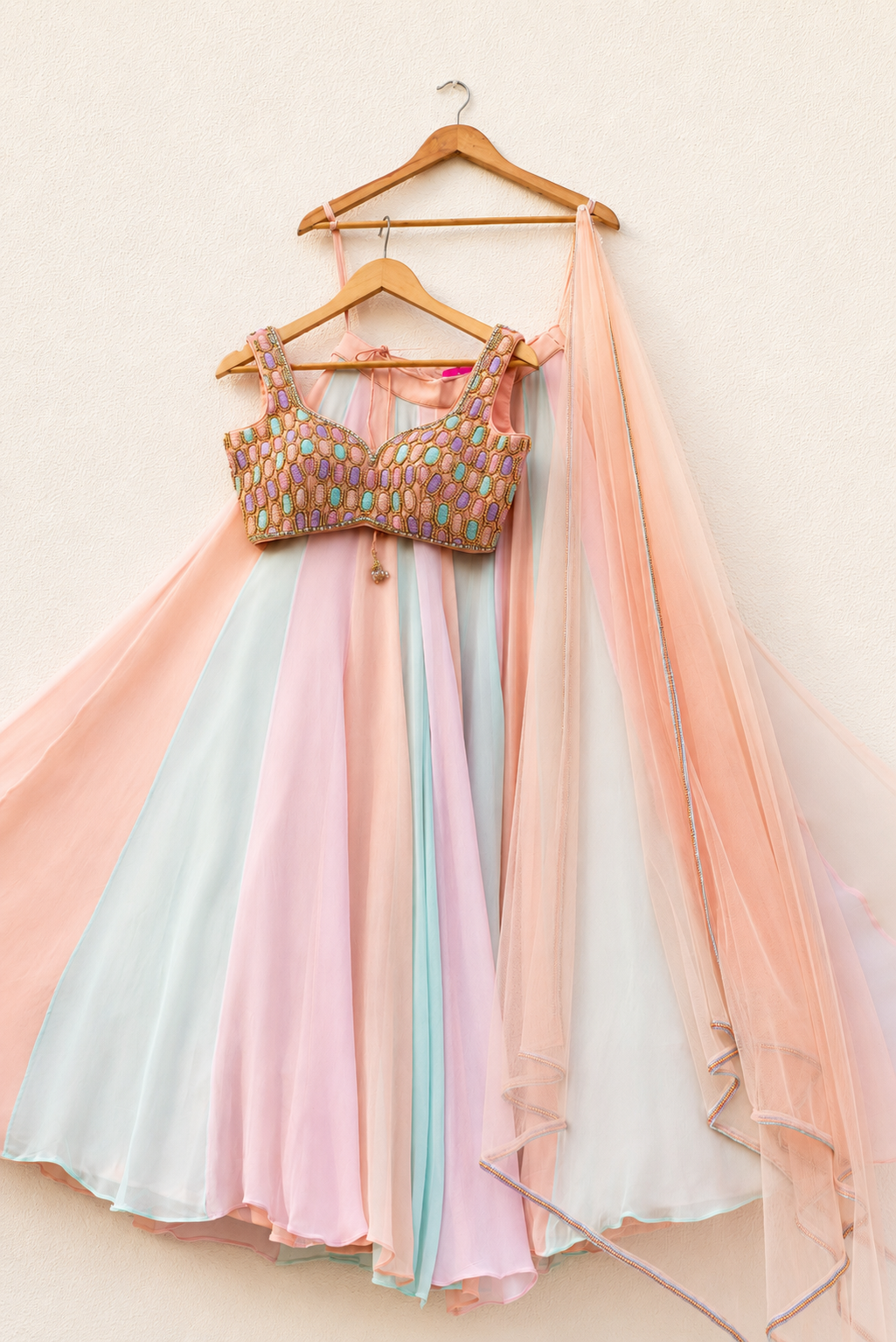 PEACH OVAL MULTICOLOUR CUTDANA BLOUSE WITH MULTICOLOUR LEHENGA SET