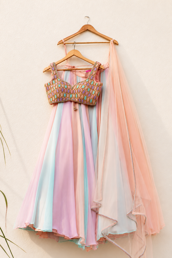 PEACH OVAL MULTICOLOUR CUTDANA BLOUSE WITH MULTICOLOUR LEHENGA SET