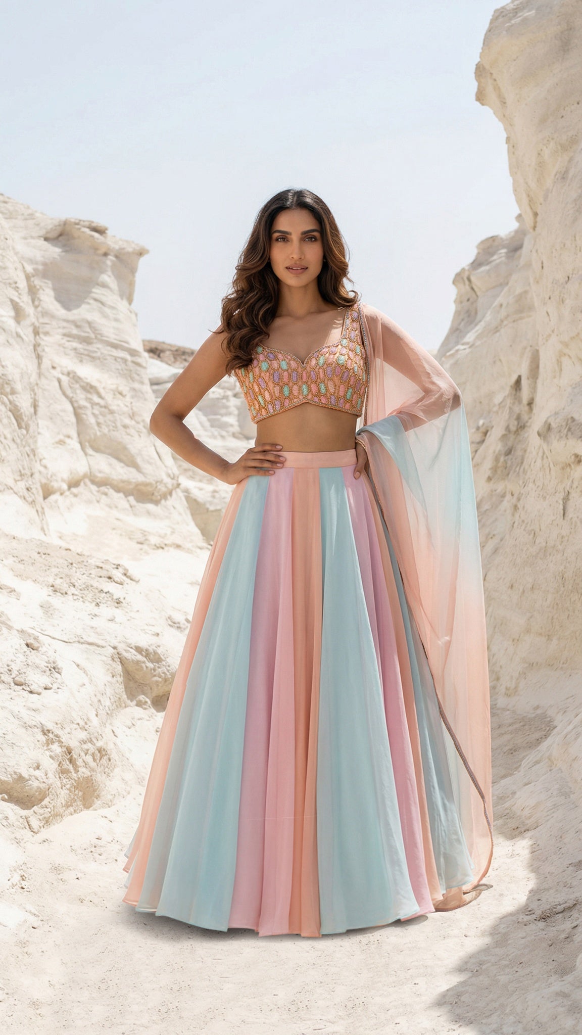 PEACH OVAL MULTICOLOUR CUTDANA BLOUSE WITH MULTICOLOUR LEHENGA SET