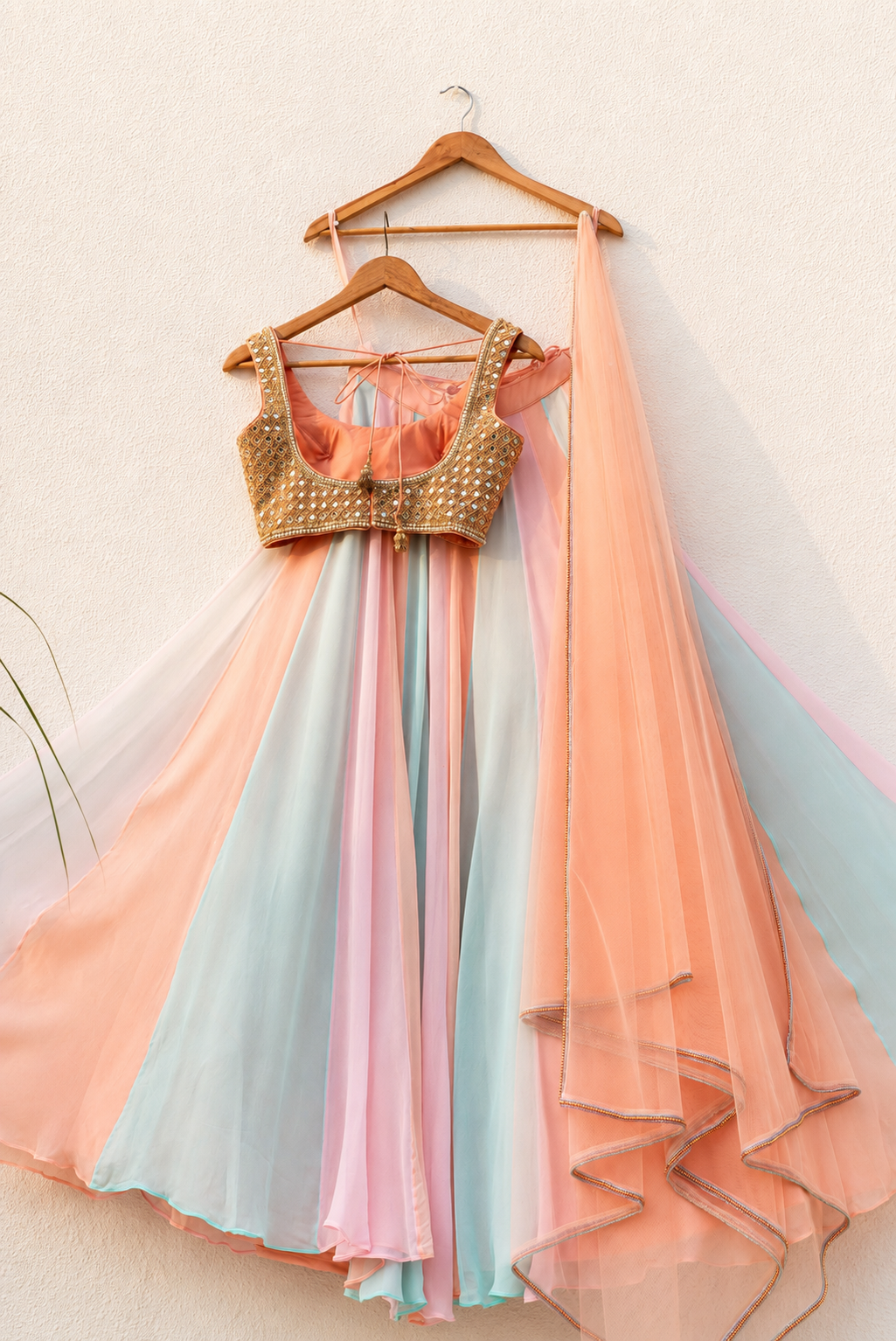 MULTICOLOUR LEHENGA WITH PEACH MIRROR BLOUSE SET