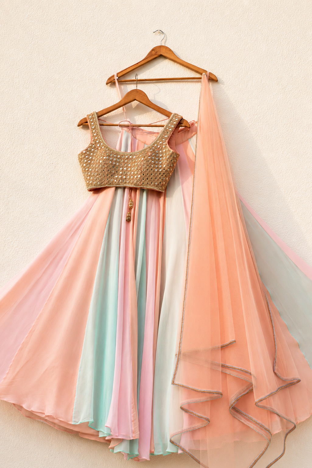 MULTICOLOUR LEHENGA WITH PEACH MIRROR BLOUSE SET