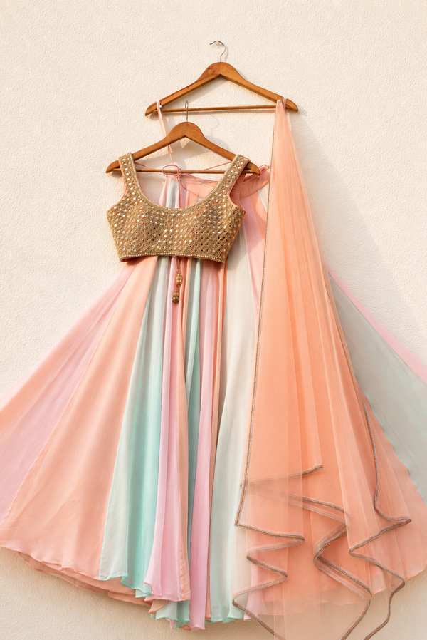 MULTICOLOUR LEHENGA WITH PEACH MIRROR BLOUSE SET