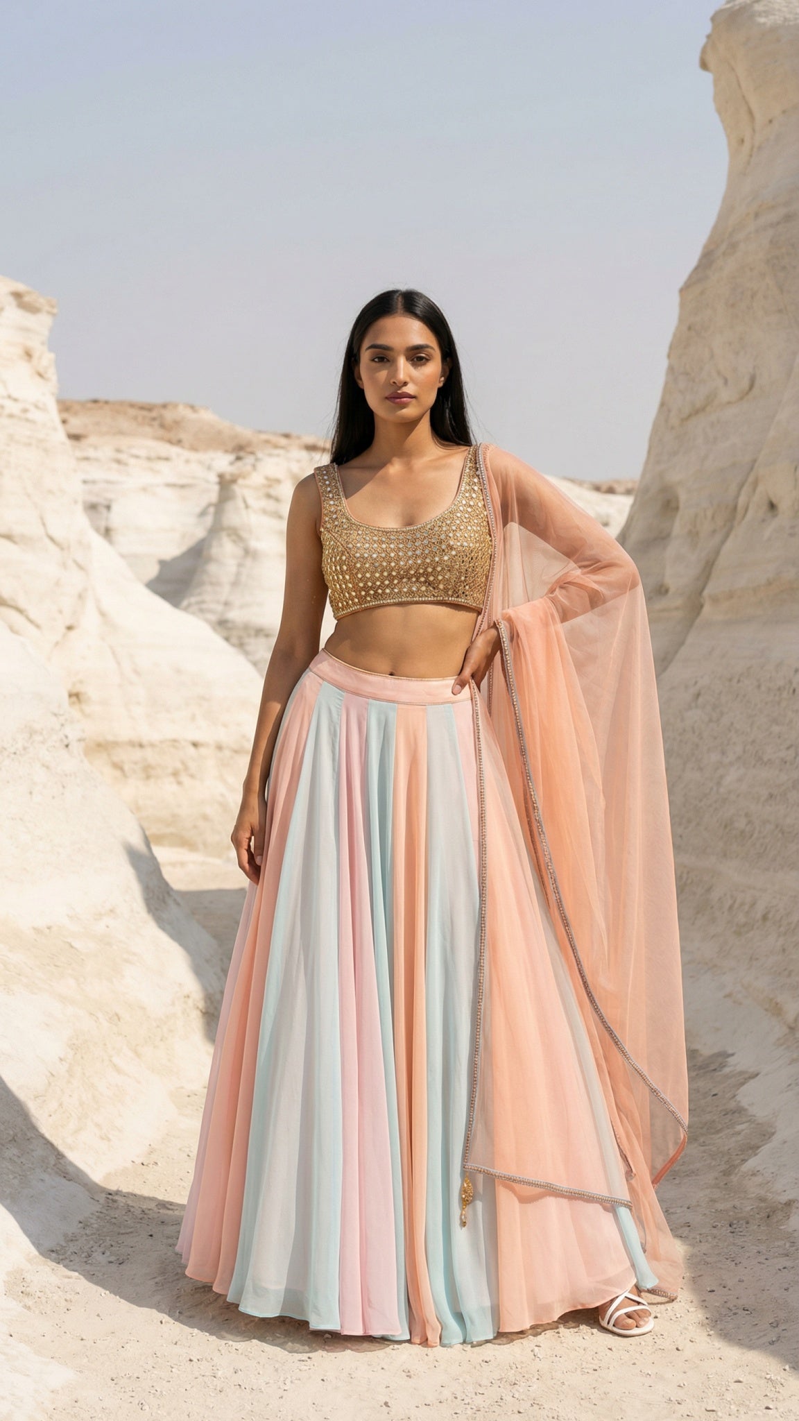 MULTICOLOUR LEHENGA WITH PEACH MIRROR BLOUSE SET